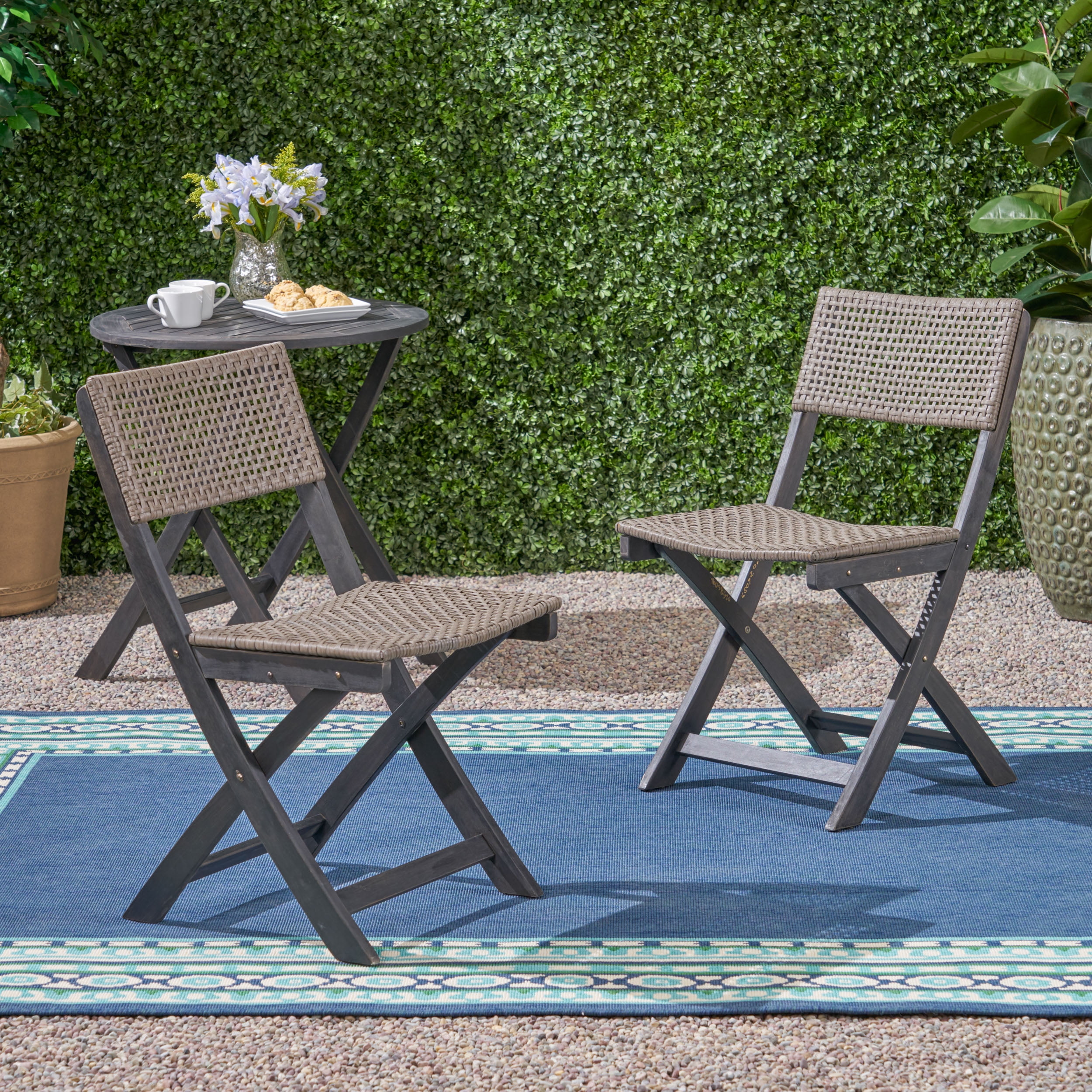 Outdoor Foldable Wicker Bistro Chair Set of 2, Portable Relax Seats for Patio Garden, Dark Gray