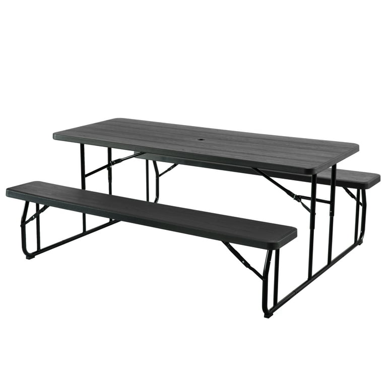 Gardenised Black Outdoor Foldable Woodgrain Picnic Table Set with Metal Frame 6 ft