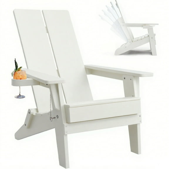 Outdoor Folding Adirondack Chair Cup Holder HIPS Plastic Adjustable Patio Recline Chair with Wood Texture,White