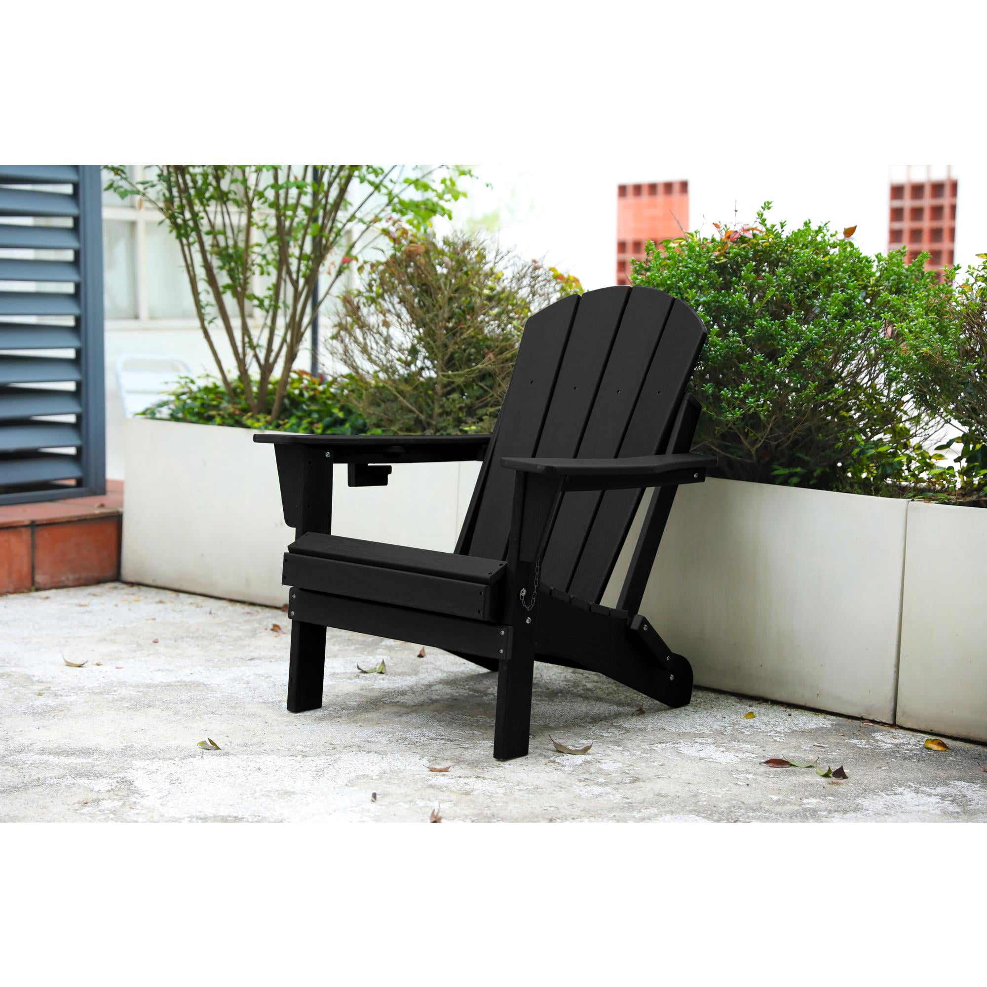 Outdoor Folding Adirondack Chair with Dual Cup Holder, Wood Texture | Black | HDPE