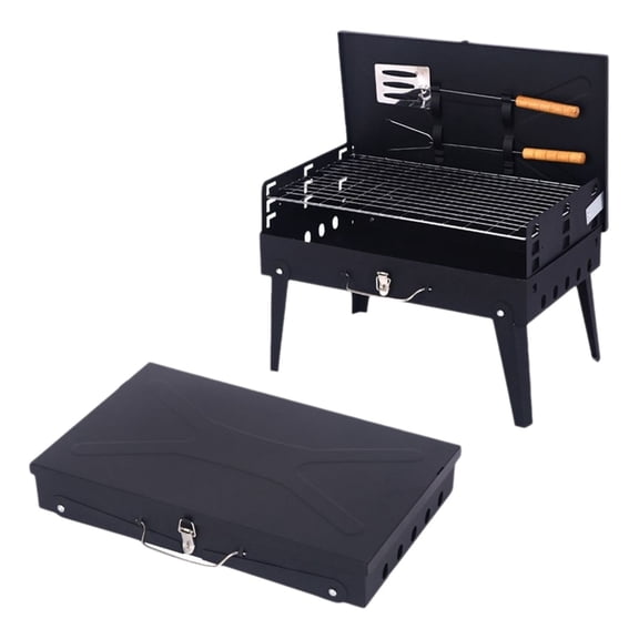 Outdoor Folding BBQ Grill with Built-In Tool Kit - Portable Grill with Spatula, Fork, Grill Net & 2 Heat Handles - Durable, Easy Setup for Picnics Black