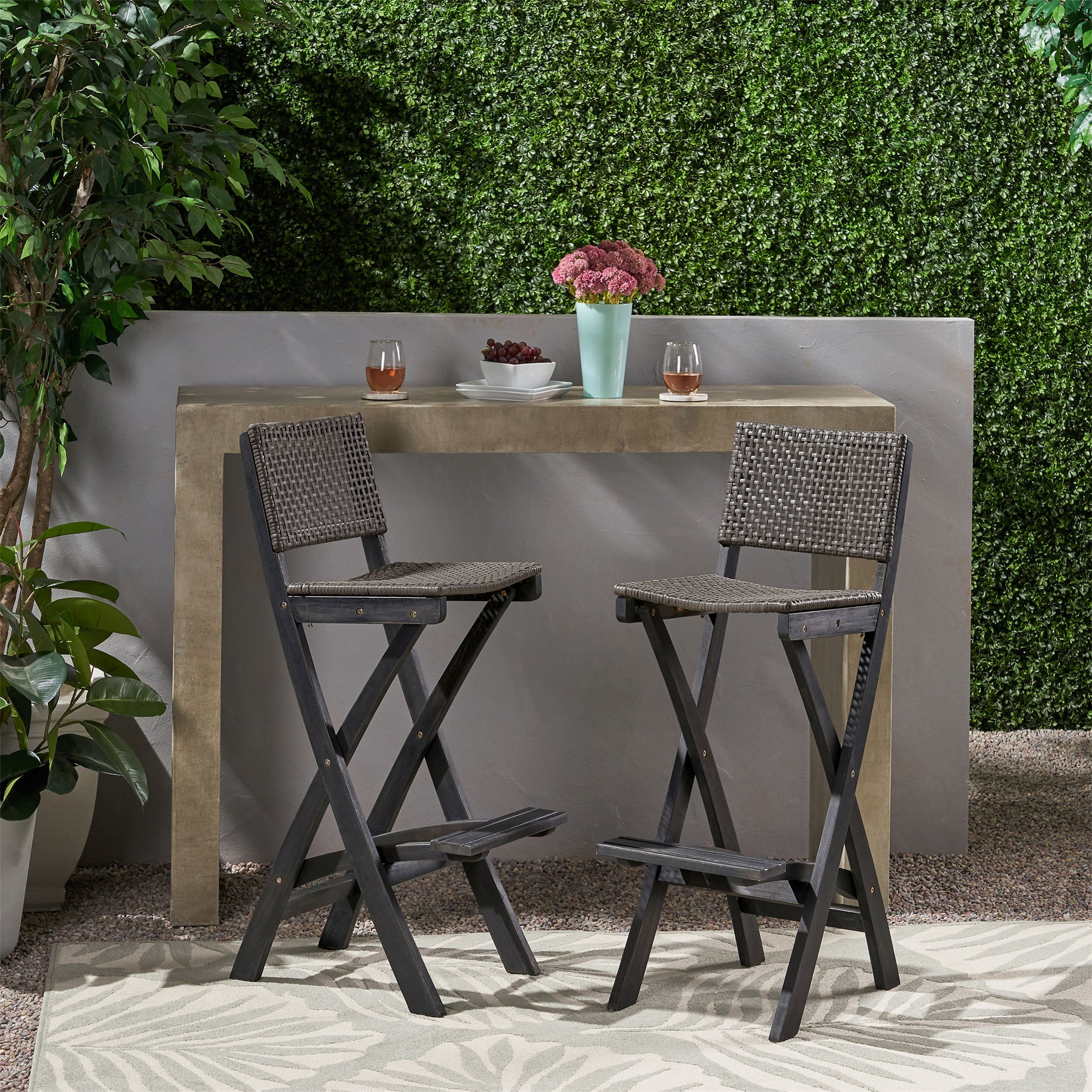 Outdoor Folding Bar Stool Set of 2 41.75 Inch, Acacia Wood Frame with PE Rattan Backrest, Dark Gray