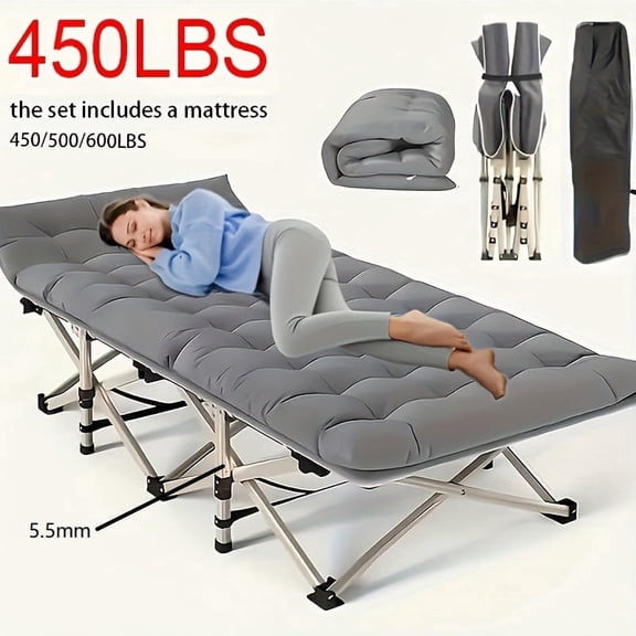 Outdoor Folding Bed, Extra-Large And Thickened Camping Bed with Or Without Flip Mattress, Portable Foldable Guest Bed, 450/500/600 Pound Load-Bearing Capacity, Heavy-Duty Camping Cot with Hand