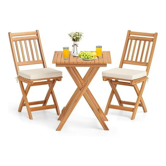 Outdoor Folding Bistro Set, 3 Pieces Acacia Wood Bistro Set with Soft Cushions, Patio Bistro Table and Chairs for Backyard, Porch, Poolside (Vertical Slats)
