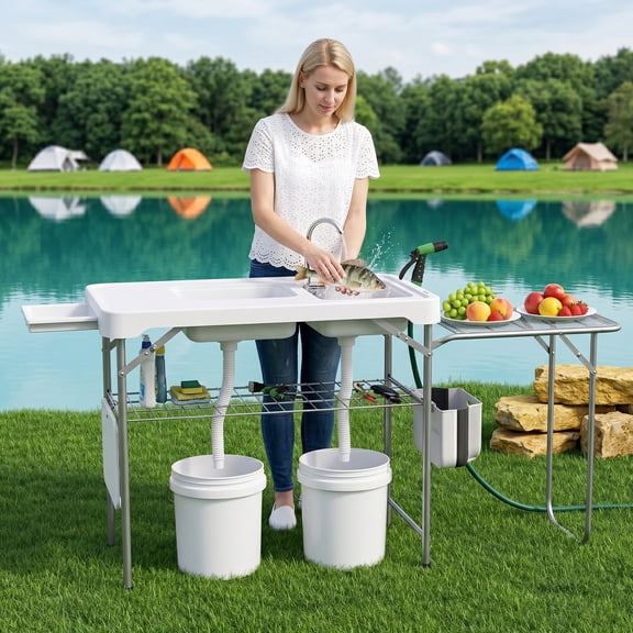 Outdoor Folding Camping Table with Folding Grill Extension Board, Home Portable Fish Cleaning Station with Dual Sinks, Drainage Hose, Sprayer, Grid Rack for Patio Backyard BBQ