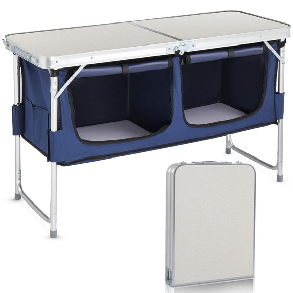 Outdoor Folding Camping Table with Storage, Portable Aluminum Composite Panel Lightweight Table, 3 Heights Adjustable Folding Table for BBQ, Camping, Picnic and Indoor Use, White+Blue