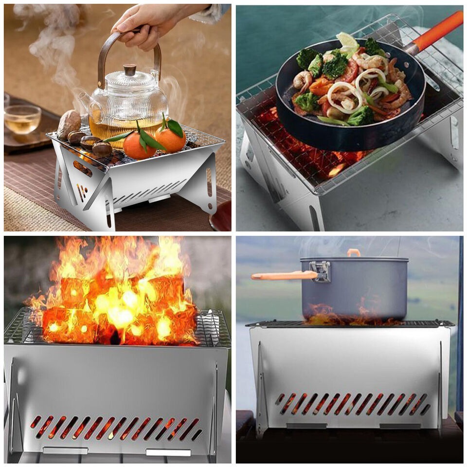 Outdoor Folding Card Stove Stainless Steel Barbecue Grill Charcoal Wood Fire BBQ