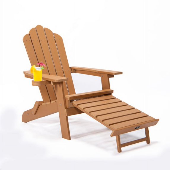 Folding Adirondack Chair with Pullout Ottoman & Cup Holder, Protable Folding Chair, Oversized Patio Chair, Weather Resistant Lounge Chair, for Patio Deck Garden, Backyard,Can Hold to 380lbs