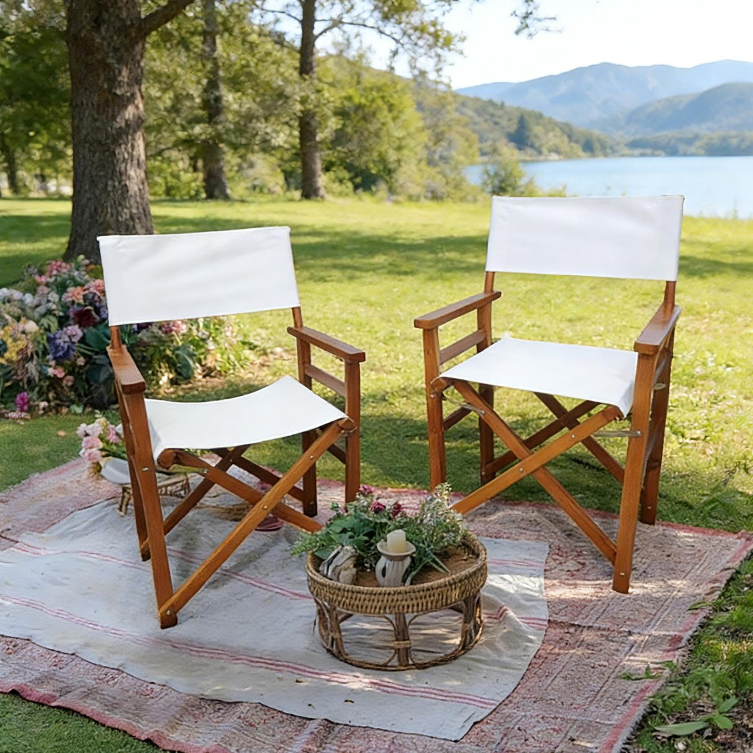 Outdoor Folding Chairs, Director Chairs, Wooden Canvas Folding Director Chair, Set of 2 Chairs with Solid Populus Wood Frame, Foldable Design for Patio Garden Camping Events, Natural
