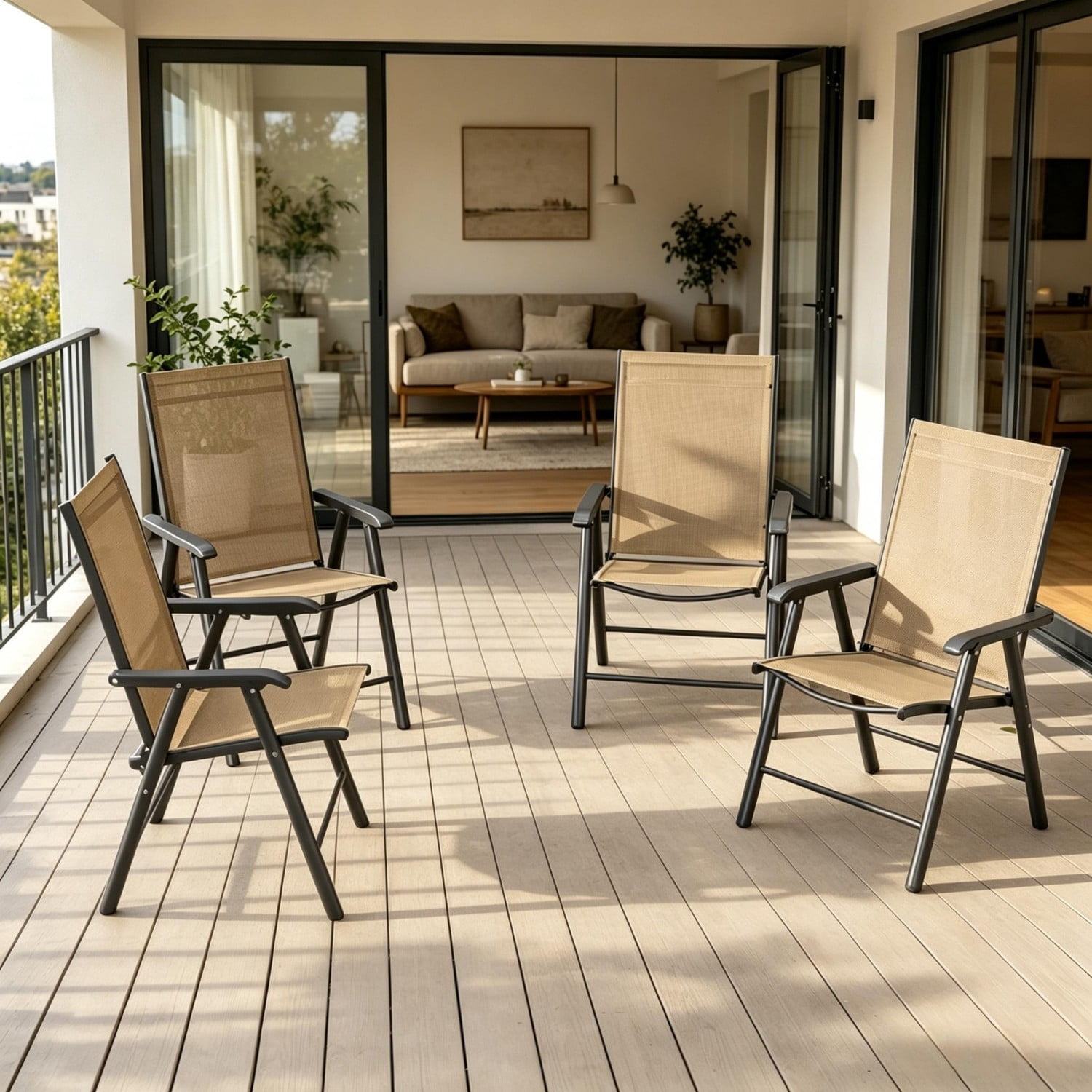 Outdoor Folding Chairs Set of 4, Portable Lawn Chairs with Breathable Sling Mesh, Powder-Coated Steel Frame, Armrests for Camping, Patio, Beach, Events, Black & Brown