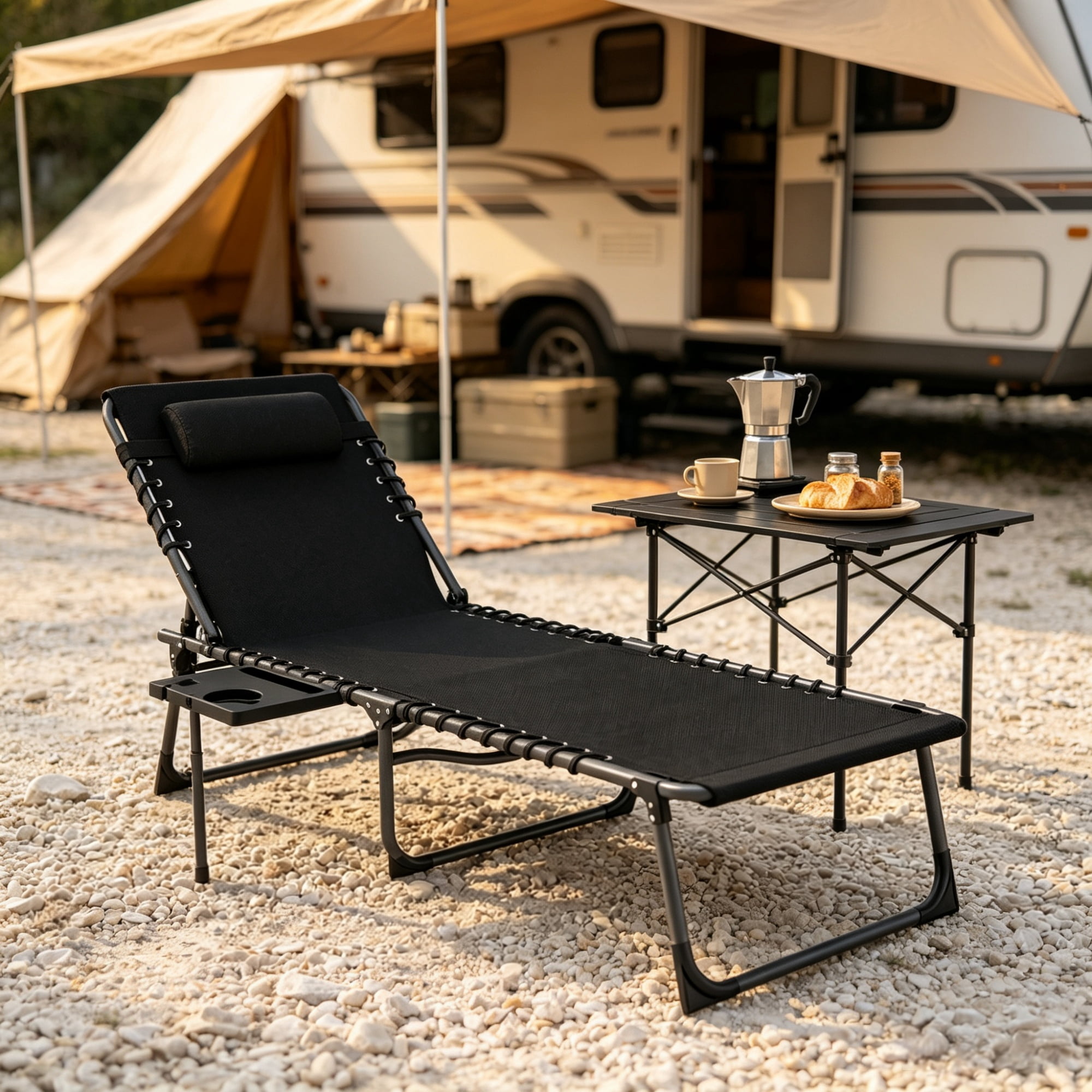 Outdoor Folding Chaise Lounge Chair, 5-Level Adjustable Tanning Chair, with Side Table, Pillow, Pocket, Black