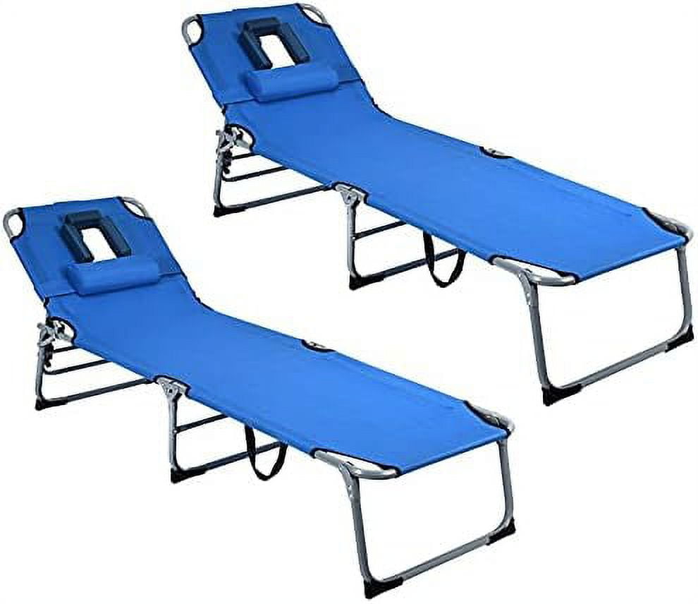 Outdoor Folding Chaise Lounge Chair, Adjustable Camping Recliner Chair With Face Hole, Removable