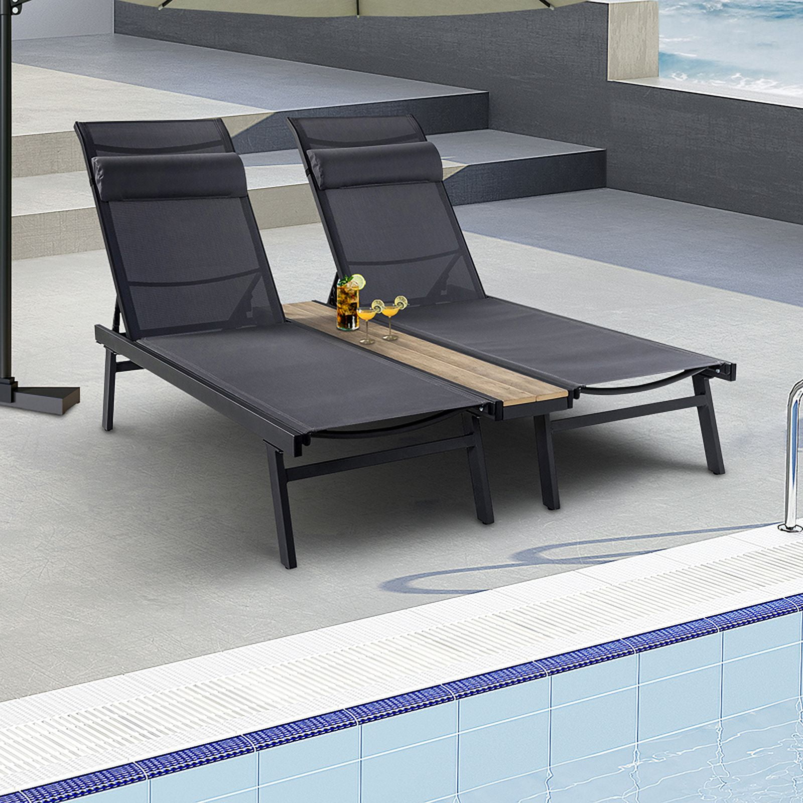 Outdoor Folding Chaise Lounge Chair Set,Adjustable Reclining Chaise