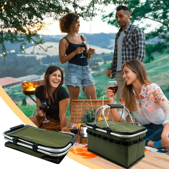 Outdoor Folding Cooler Bag Insulated Picnic Tote | Large Capacity Oxford Cloth Portable Ice Pack Warm & Cold Storage | Black/Green/Khaki, 45x27x38cm, Durable, Foldable, Camping Beach BBQ Travel