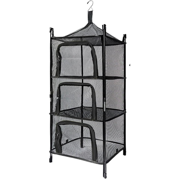 Outdoor Folding Drying Net,4 Layers Hanging Shelves Dry Rack Zipper Opening Food Dehydrator,Camping Drying Vegetable Fruit Folding Hanging Basket Storage Basket,Black