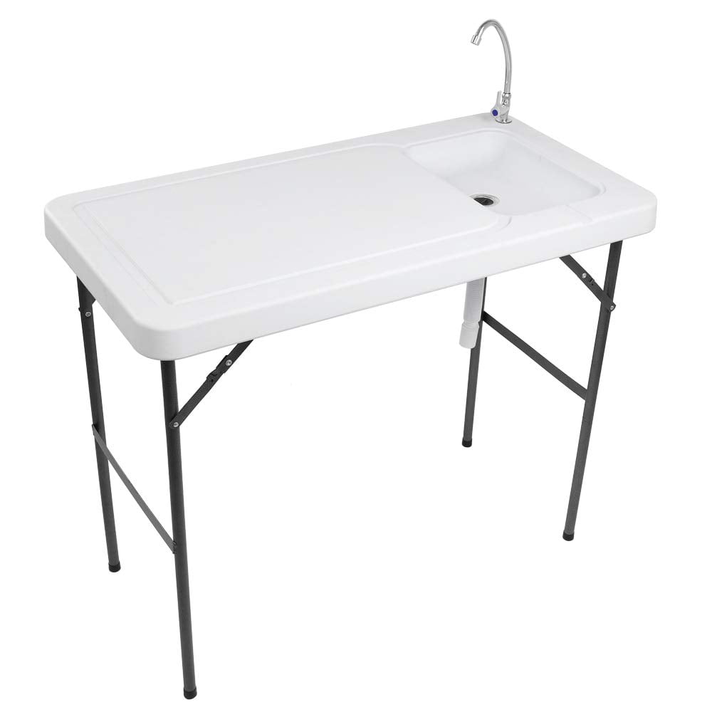 Outdoor Folding Fish Cleaning Table with Sink, Portable Camping Game Processing Station, Heavy-Duty HDPE Top & Stainless Steel Faucet, Upgraded Drainage Hose for Hunting Picnic Garden, White