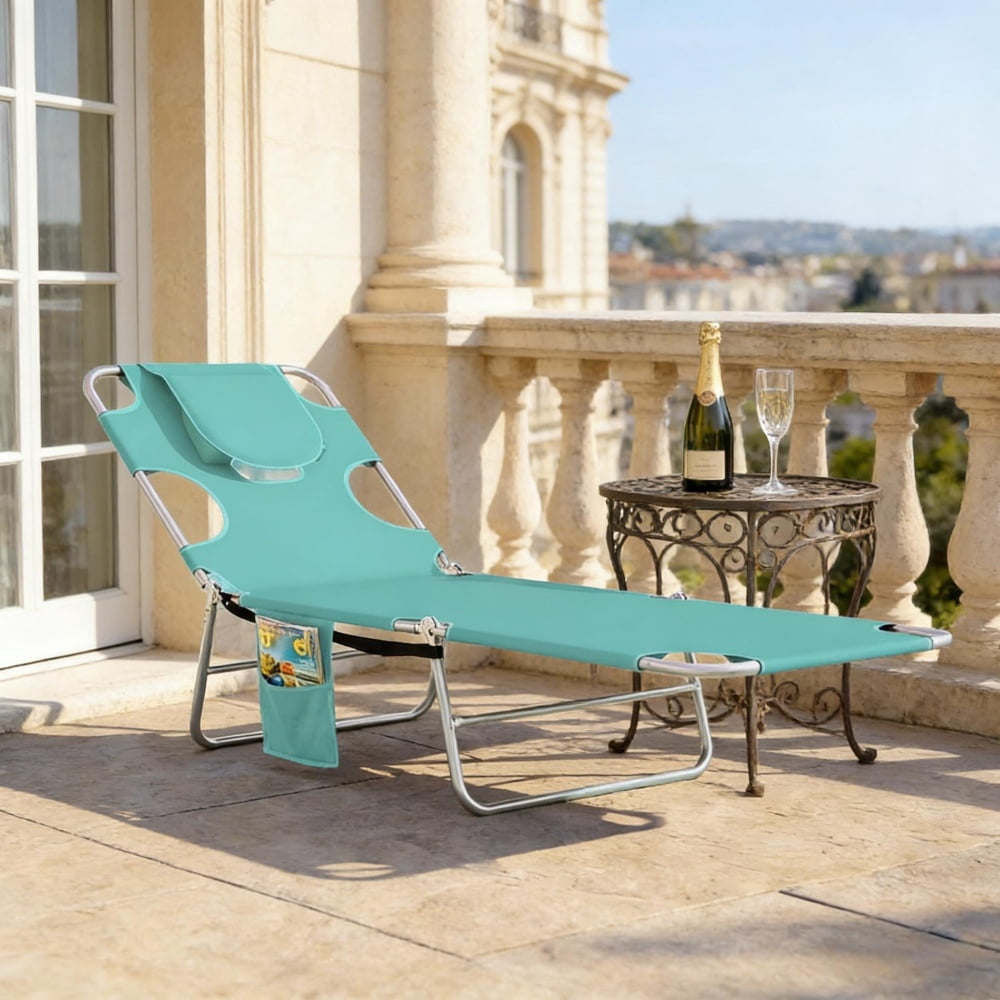 Outdoor Folding Lounge Chair 5-Position Adjustable Backrest Face Cavity & Arm Slots Sun Lounger with Side Pocket Carry Strap Breathable Oxford Fabric for Beach Pool Patio