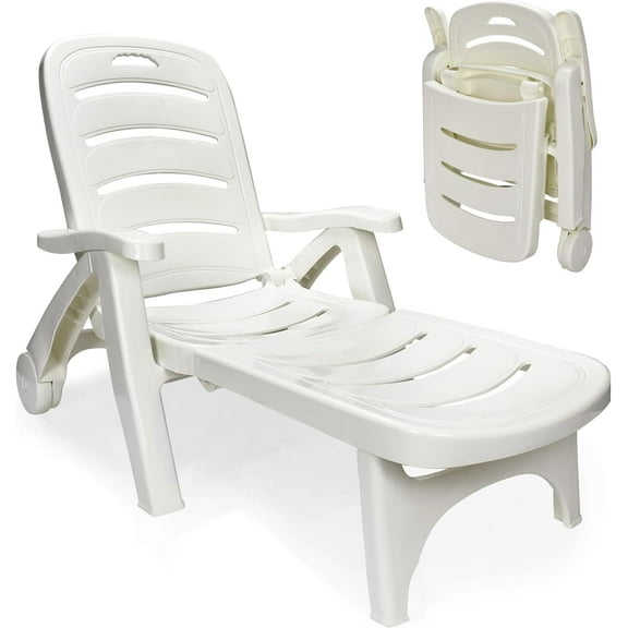 Outdoor Folding Lounge Chair - Adjustable Lightweight Chaise Pool Chairs - Plastic Chairs for Patio, Lawn, Deck or Beach - Outdoor Furniture - White, Chaise Lounge Outdoor