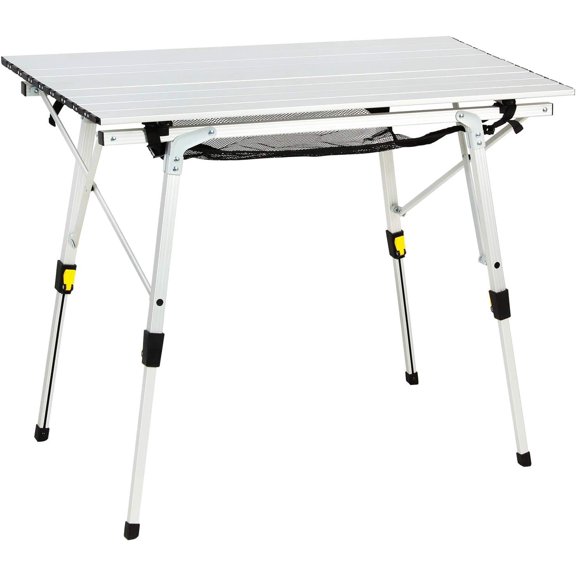 Outdoor Folding Portable Picnic Camping Table with Adjustable Height Aluminum Roll Up Table Top Mesh Layer, Silver