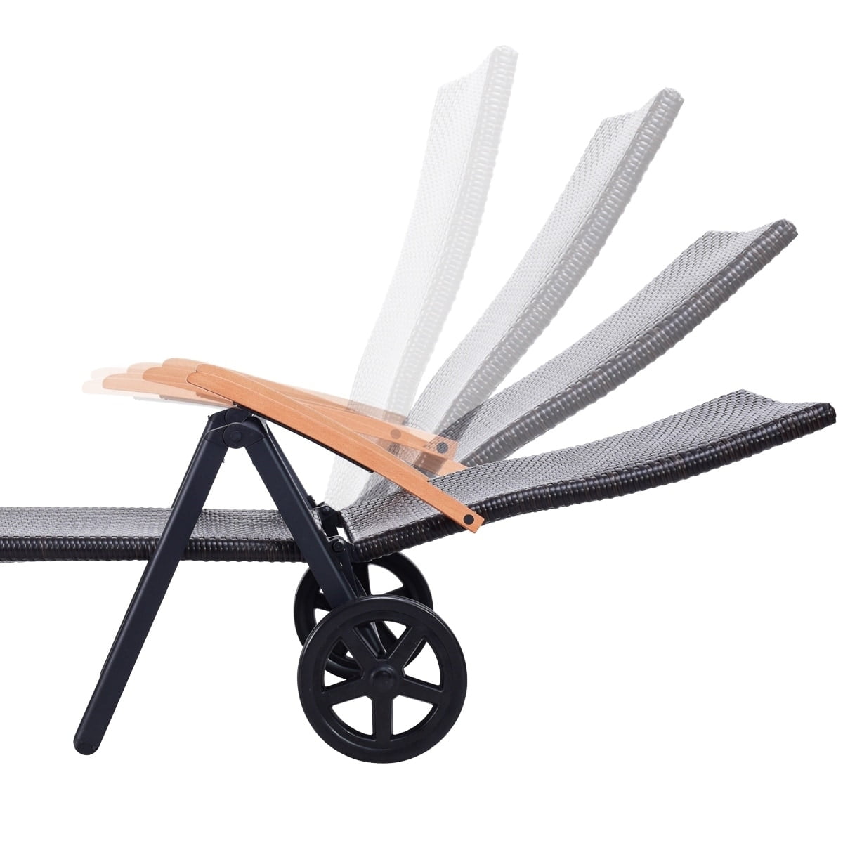 Brown Adjustable Folding Rattan Chaise Lounge with Wooden Armrests
