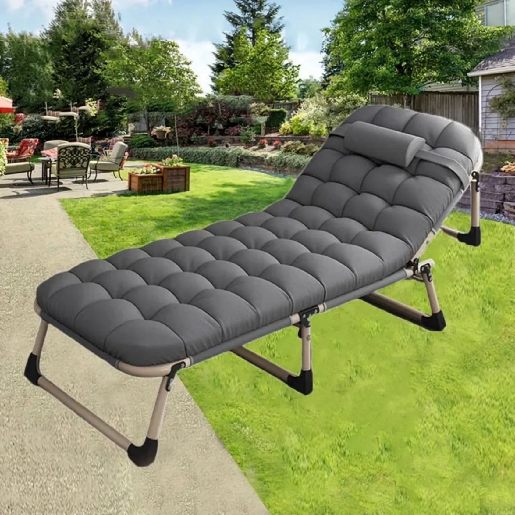 Outdoor Folding Reclining Chair, Adjustable Zero Gravity Lounge Chair with Headrest, Portable Patio Camping Recliner Chair, Gray