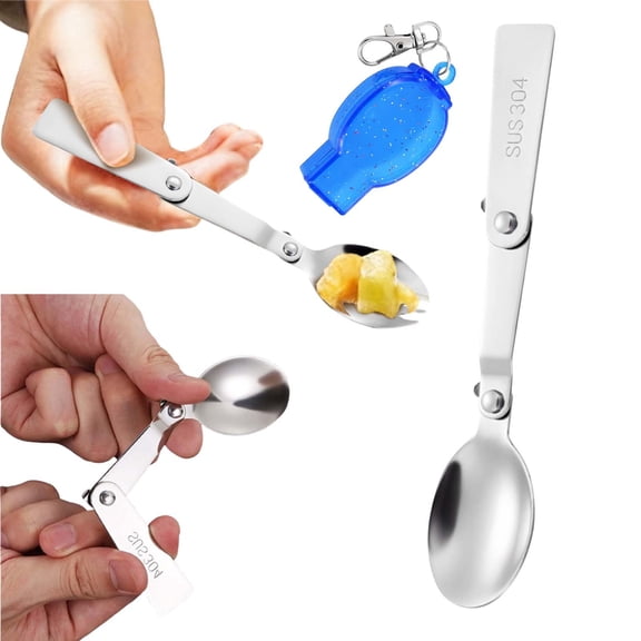 Outdoor Folding Stainless Fork and Spoon, Portable Multi Functional Tableware, Camping Travel Spoon with Storage Box, A