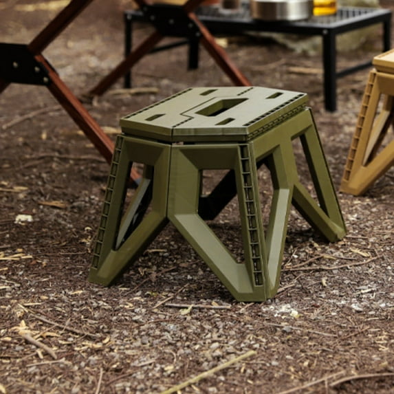 Outdoor Folding Stool, Plastic, 11.4x7.9x9.4in, 220lb Capacity, Green/Khaki, Portable for Camping Fishing, Non-Slip