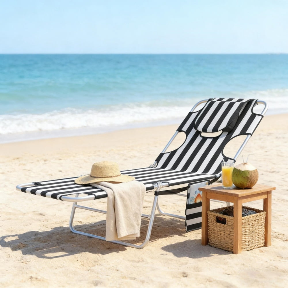 Outdoor Folding Sun Lounger 5-Position Adjustable Backrest Face Cavity & Arm Slots with Side Pocket Carry Strap Breathable Oxford Fabric Lounge Chair for Beach Pool Patio