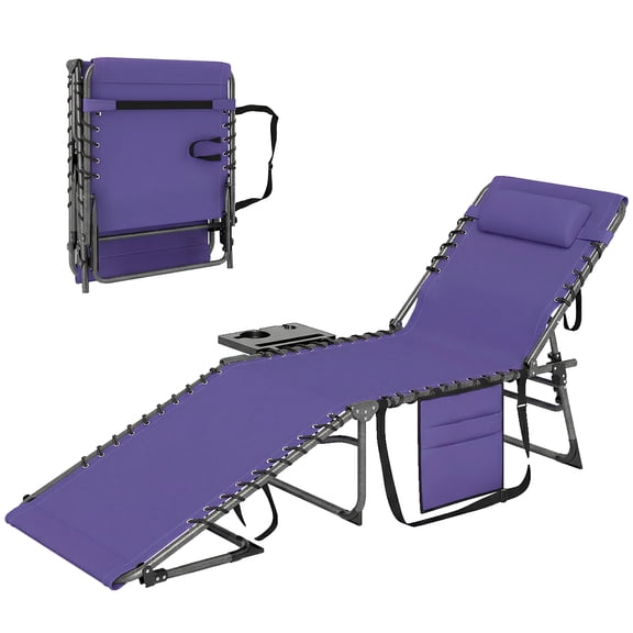 Outdoor Folding Sun Lounger 5-Position Adjustable Recliner with Padded Head Pillow Side Pocket & Tray Table 600D Oxford Fabric Heavy-Duty Pool Beach Chair