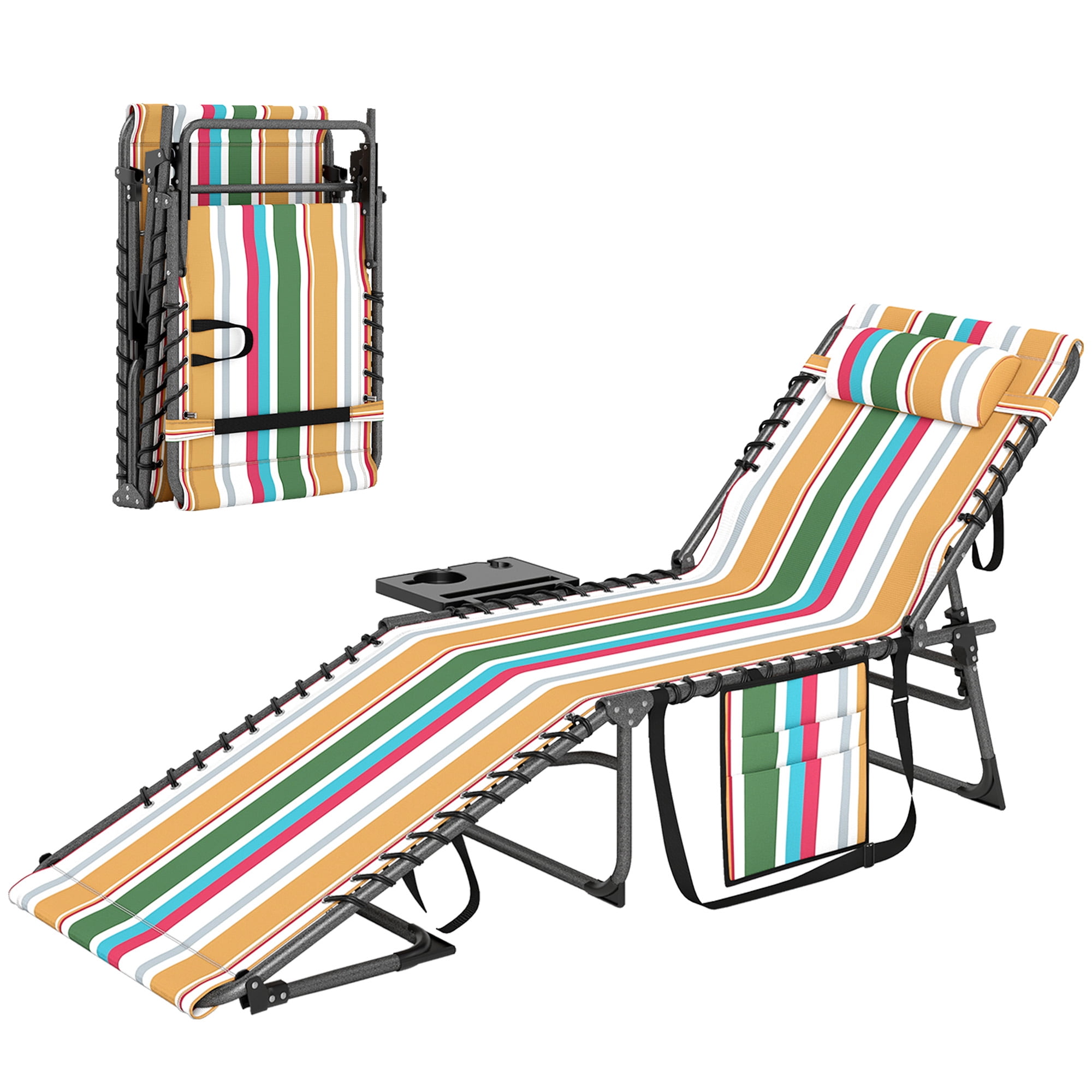 Outdoor Folding Sun Lounger 5-Position Adjustable Recliner with Padded Head Pillow Side Pocket & Tray Table 600D Oxford Fabric Heavy-Duty Pool Beach Chair