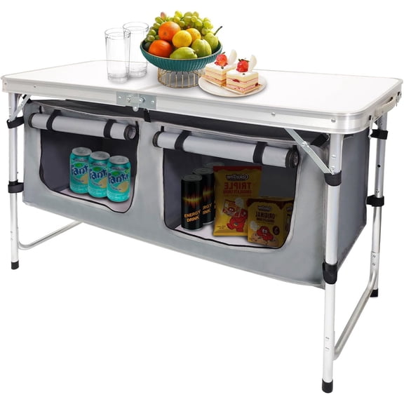Outdoor Folding Table Aluminum Lightweight Height Adjustable with Storage Organizer for BBQ, Party, Camping