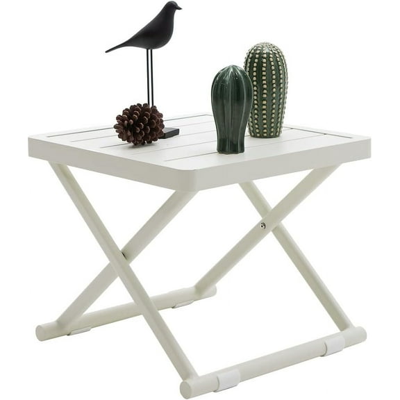 Outdoor Folding Table for Patio Square Side Table for Camping and Picnics Portable Aluminum Tables Foldable Small End Table, Creamy White