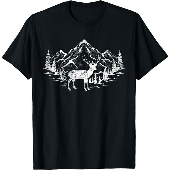Outdoor Forest Animal Wildlife Mountains Nature Trees Deer Softstyle Unisex T-Shirt,Black Color,Size XL