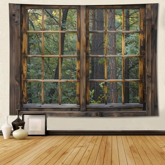 Outdoor Forest Tapestry Wall Hanging Window Tapestry Window Scenery Wall Aesthetic Tapestry for Office Bedroom Wall Art Decor Nature Landscape Tapestry 60x90 Inch