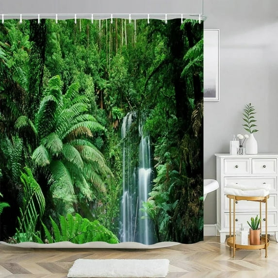 Outdoor Forest Waterfall Scenery Shower Curtain Tropical Greenery Polyester Fabric Washable Shower Curtains Bathroom Decoration