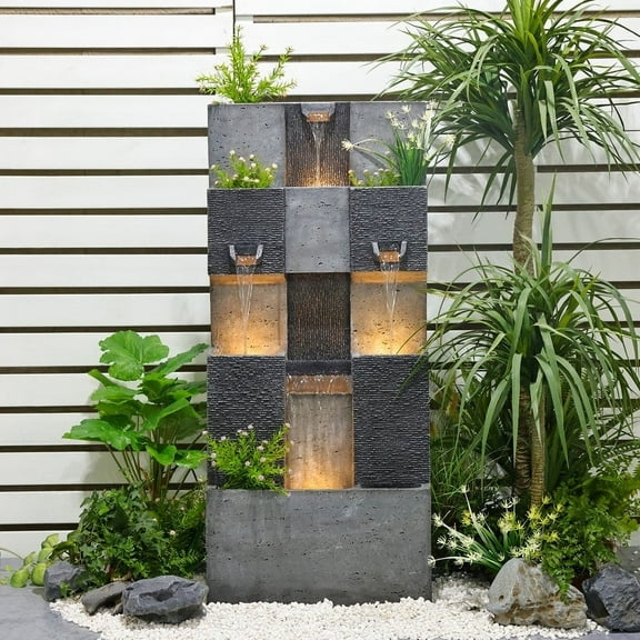 Outdoor Fountain 4 Tiered Modern Waterfall Fountains with LED Lights for Garden, Living Room, Patio, Home Decor