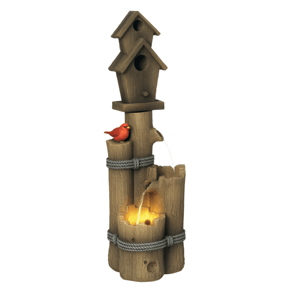 Outdoor Fountain with Birdhouse, Cascading 3-Tier Garden Waterfall, LED Lights, Rustic Tree Log Design for Yard, Deck, Porch - Brown