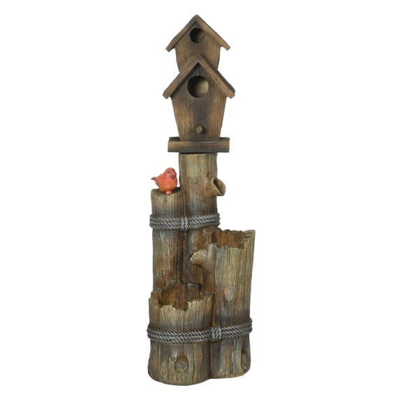 Outdoor Fountain with Birdhouse, Cascading Waterfall, Bird Bath, LED Lights, Rustic Tree Log Design for Yard, Deck, Porch - Brown