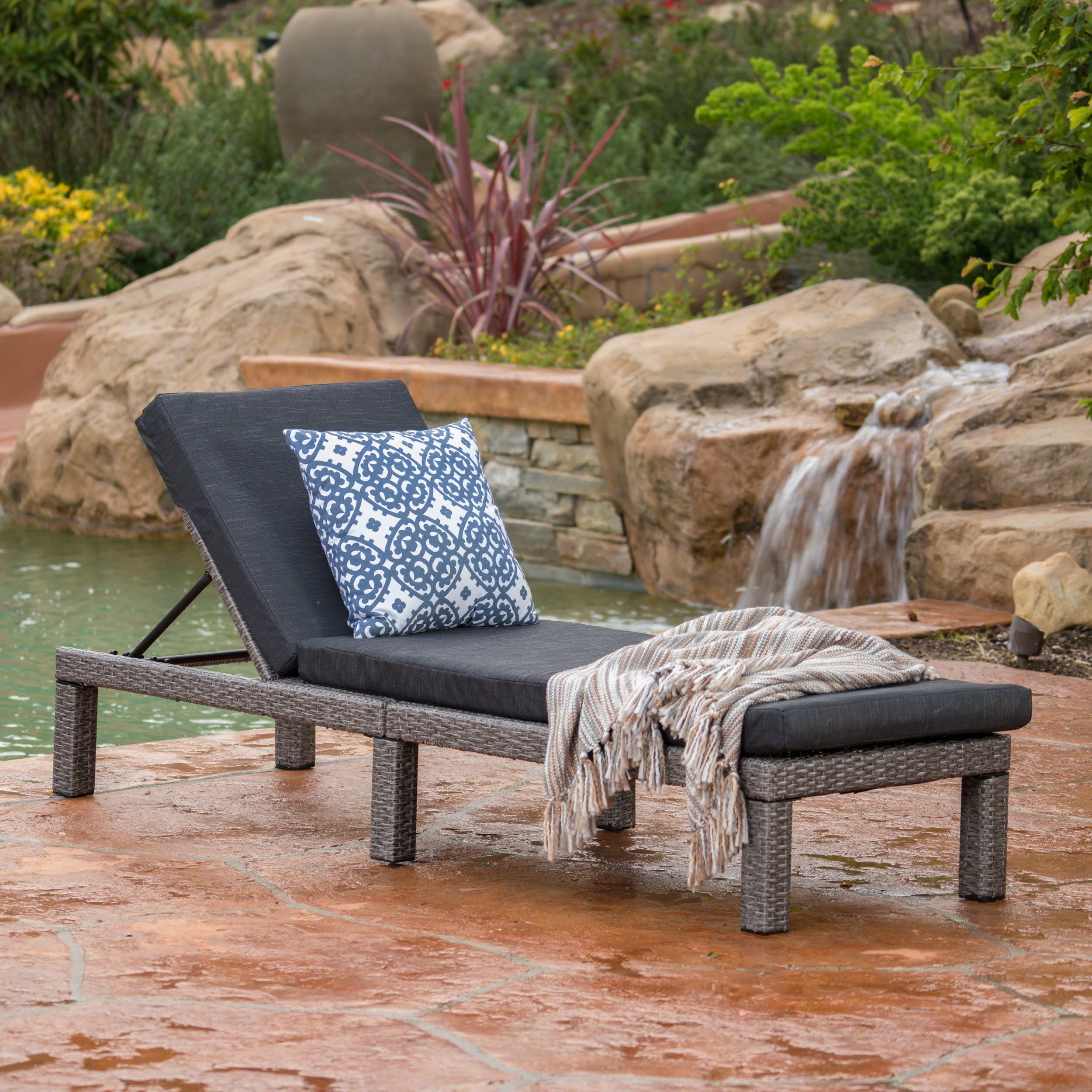 Outdoor Frame Chaise Lounge with Cushion for Patio Poolside, Black