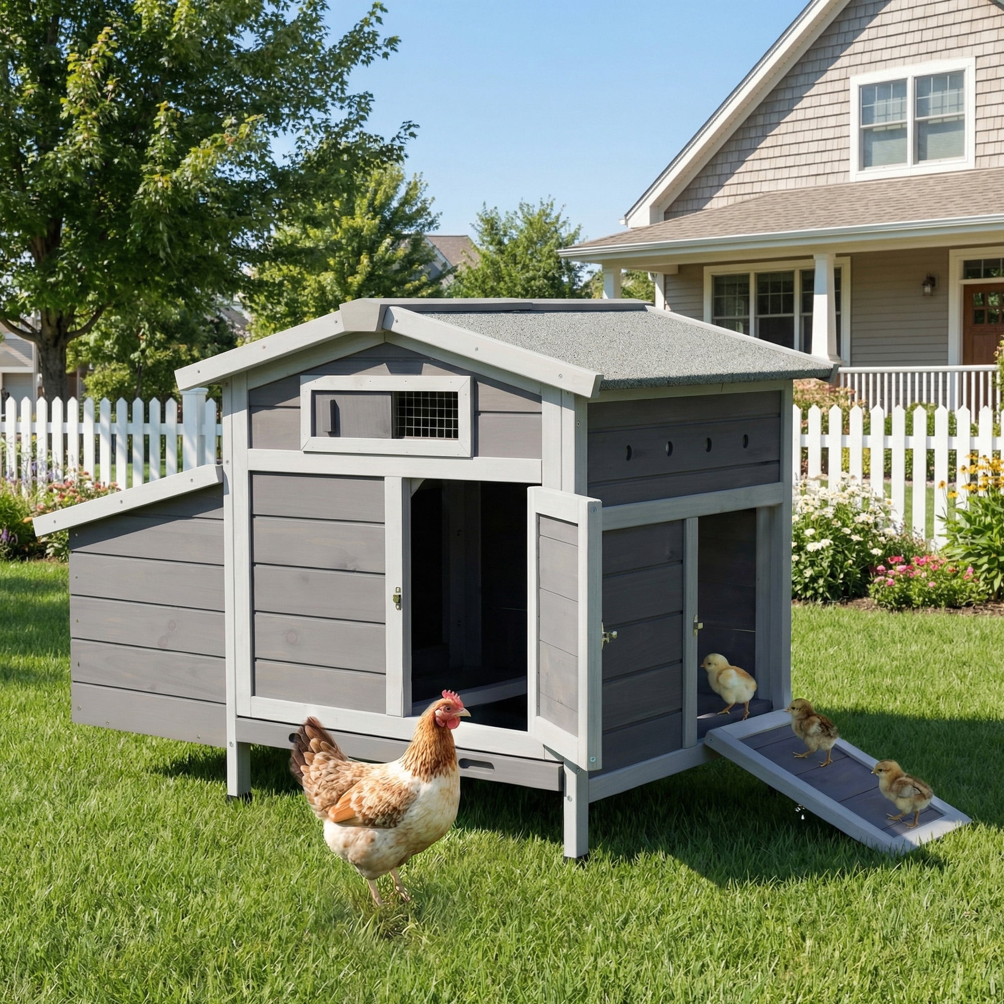 Outdoor Free-Range Wooden Chicken Coop with Asphalt Roof, Pull-Out Tray, Nesting Box with Easy Access, Front & Side Doors with Metal Latches