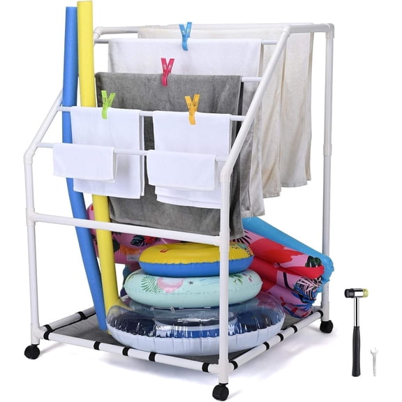 Outdoor Free-Standing Poolside PVC Towel Holder with 7-Tier Bars, Mesh Shelf & Locking Wheels