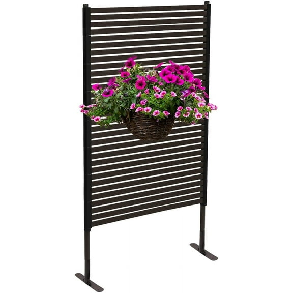 Outdoor Freestanding Privacy Screen, 35.5" W x 59" H Metal Slatted Decorative Panel With Stand, Brown Backyard Screen for Garden Patio