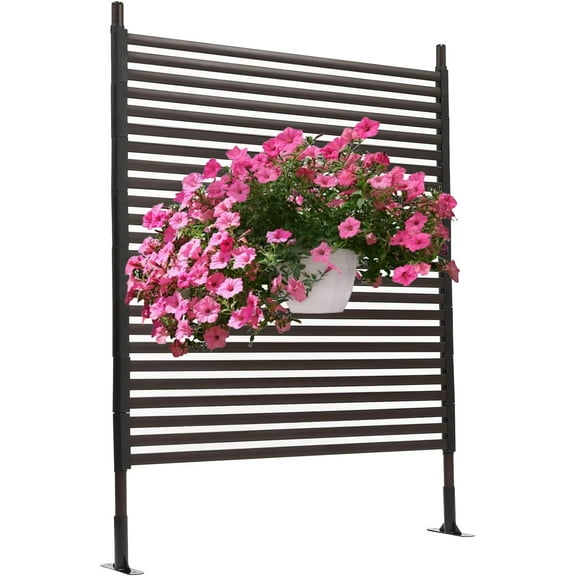 Outdoor Freestanding Privacy Screen, 43" W x 59" H Metal Slatted Decorative Panel With Stand, Brown Backyard Screen for Garden Patio