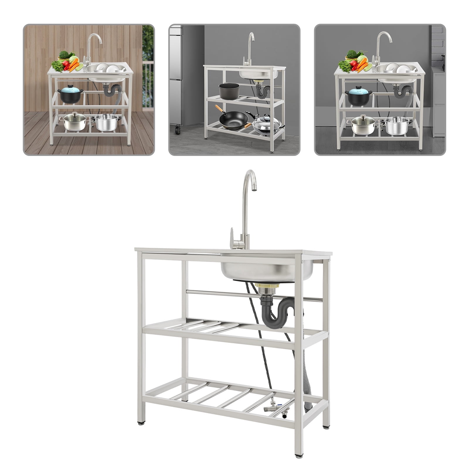 Freestanding Stainless Steel Sink,Large Capacity Utility Sink with Faucet and Storage Rack, for Backyard Garden Balcony Kitchen