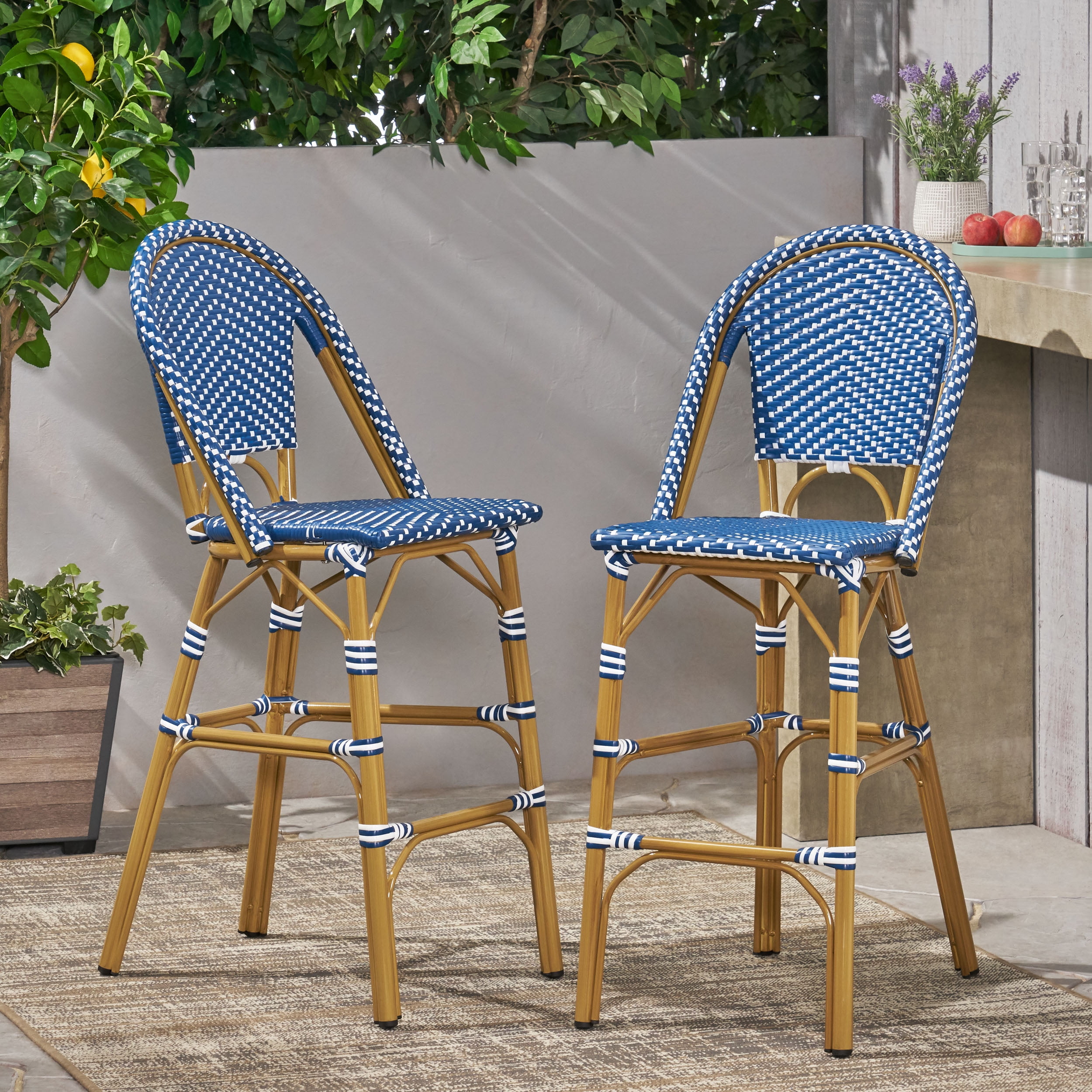 Outdoor French Style Bar Stool Set of 2 29.5 Inch, PE Rattan Frame Height Seats for Patio Bar, Dark Teal and White