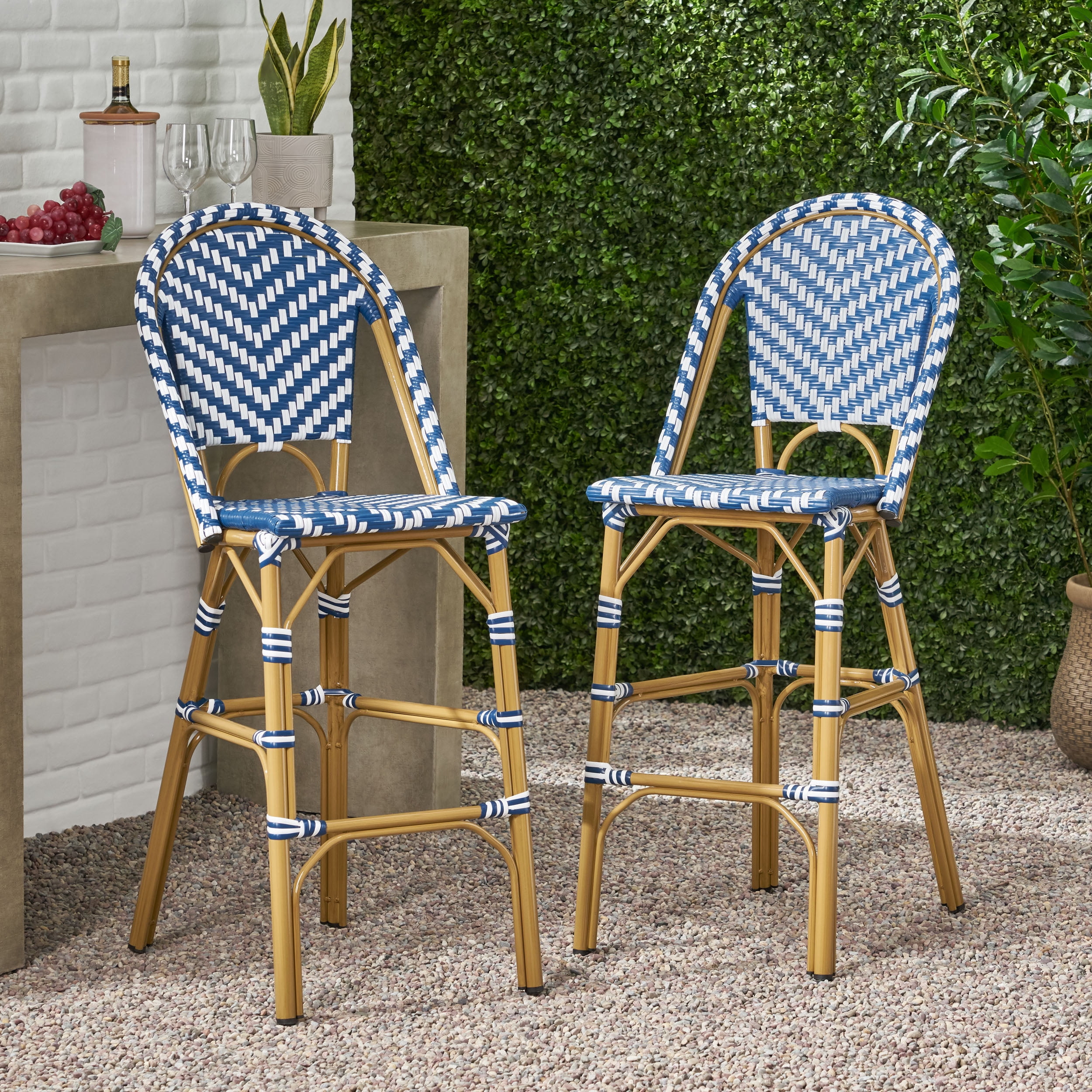 Outdoor French Style Bar Stool Set of 2 29.5 Inch, PE Rattan Frame Height Seats for Patio Bar, Navy Blue and White