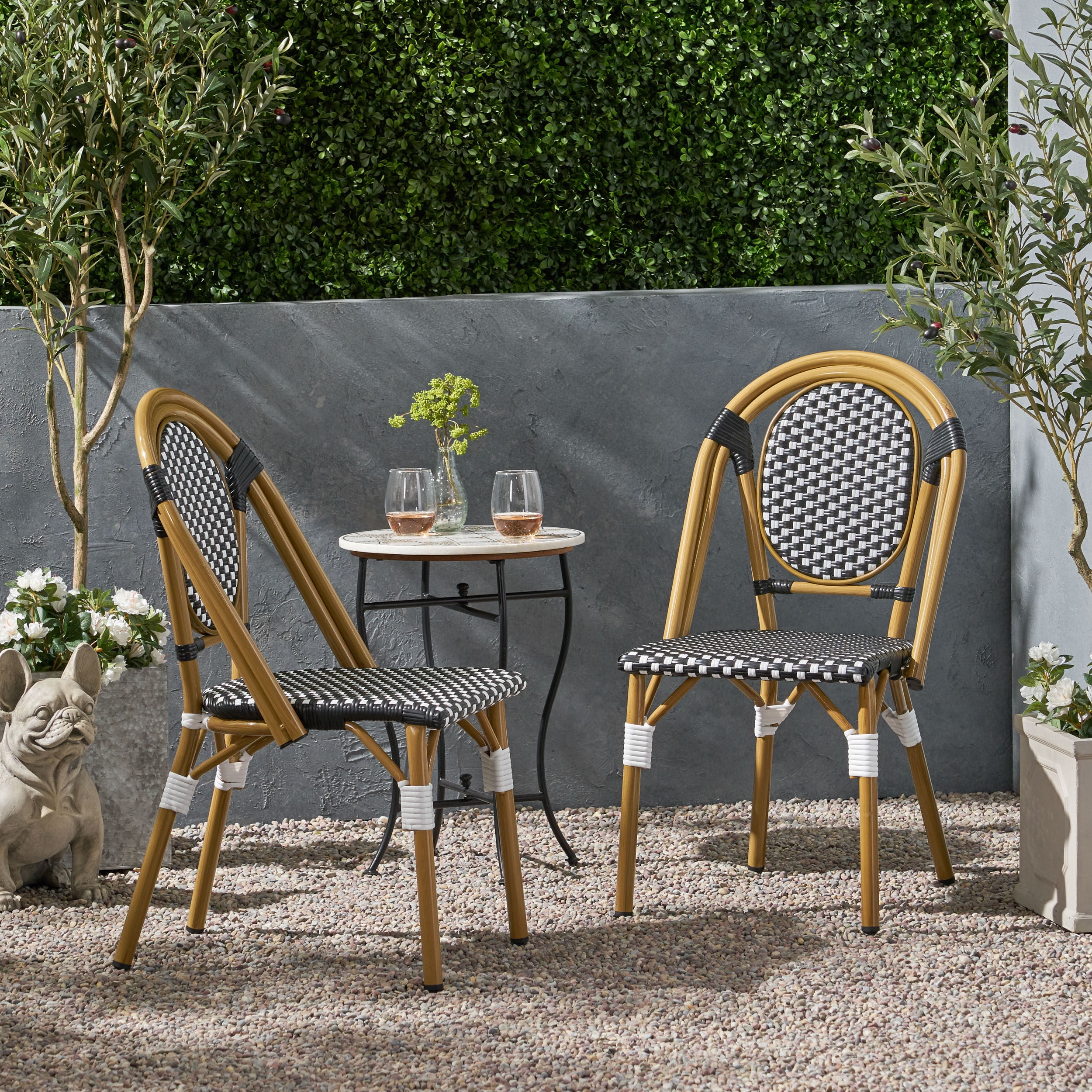 Outdoor French Style Leisure Chair Set of 2, PE Rattan and Aluminum Frame Seats for Patio Garden, Black and White