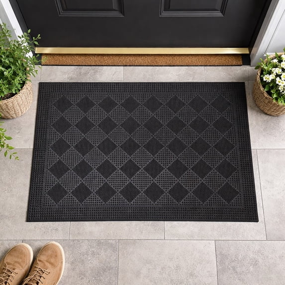 Evideco Black Checkerboard Rubber Door Mat 24x16 Inches - Rubber Backing, Weather Resistant - Outdoor - Front Door Mat for Entryway, Porch, Patio