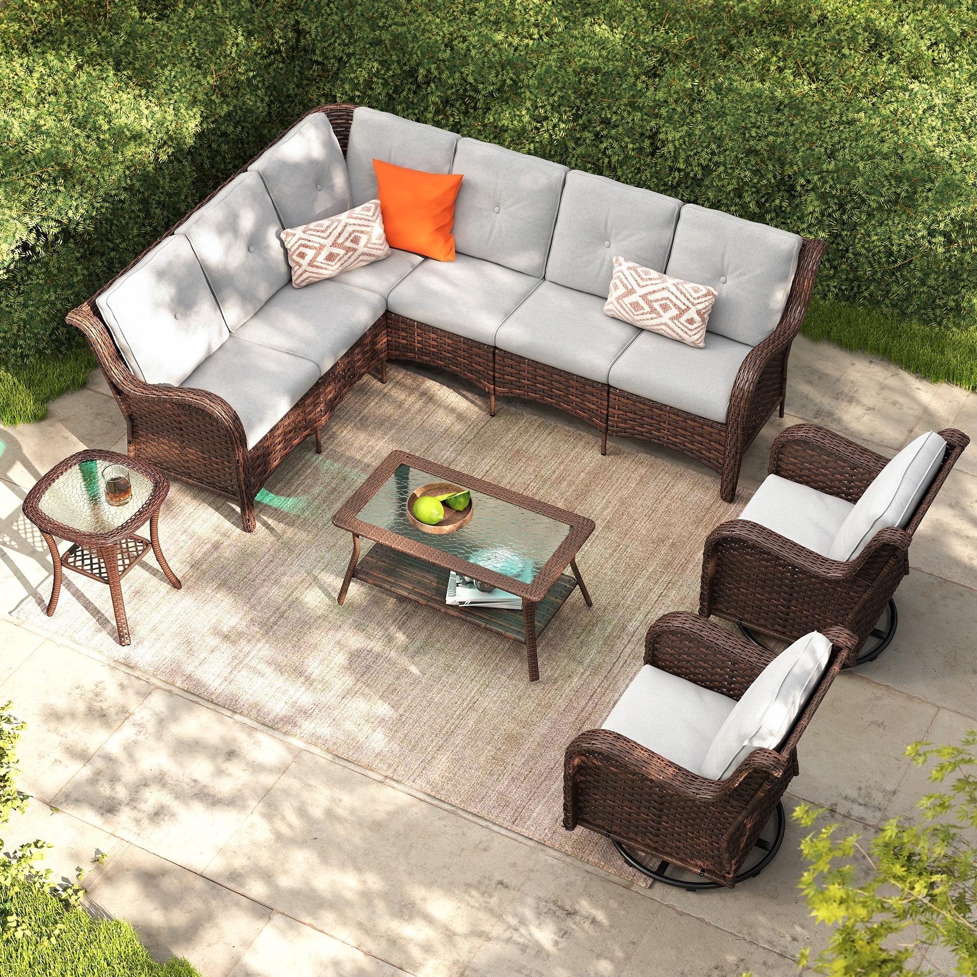 Baner Garden 10 Pieces Outdoor Patio Furniture All-Weather Wicker Sectional Conversation Set with 2 Swivel Chairs & 2 Coffee Tables