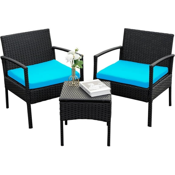 Outdoor Furniture 3 Piece Patio Bistro Set, Rattan Conversation Chairs Set with Side Table and Cushions, Porch Set Patio Furniture Set for Balcony Garden Yard, Blue